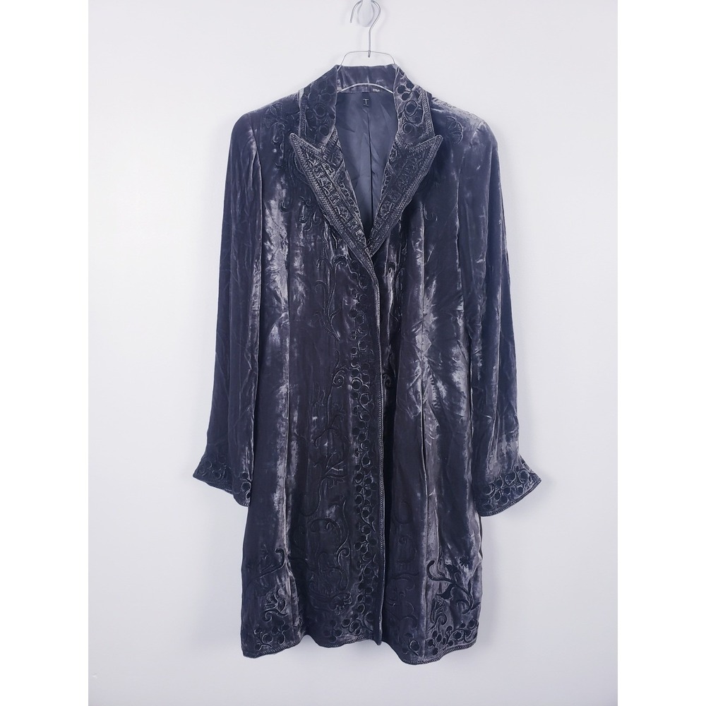 Tahari Velvet Embroidered Longline Blazer Jacket Gray Floral Gothic Womens Small